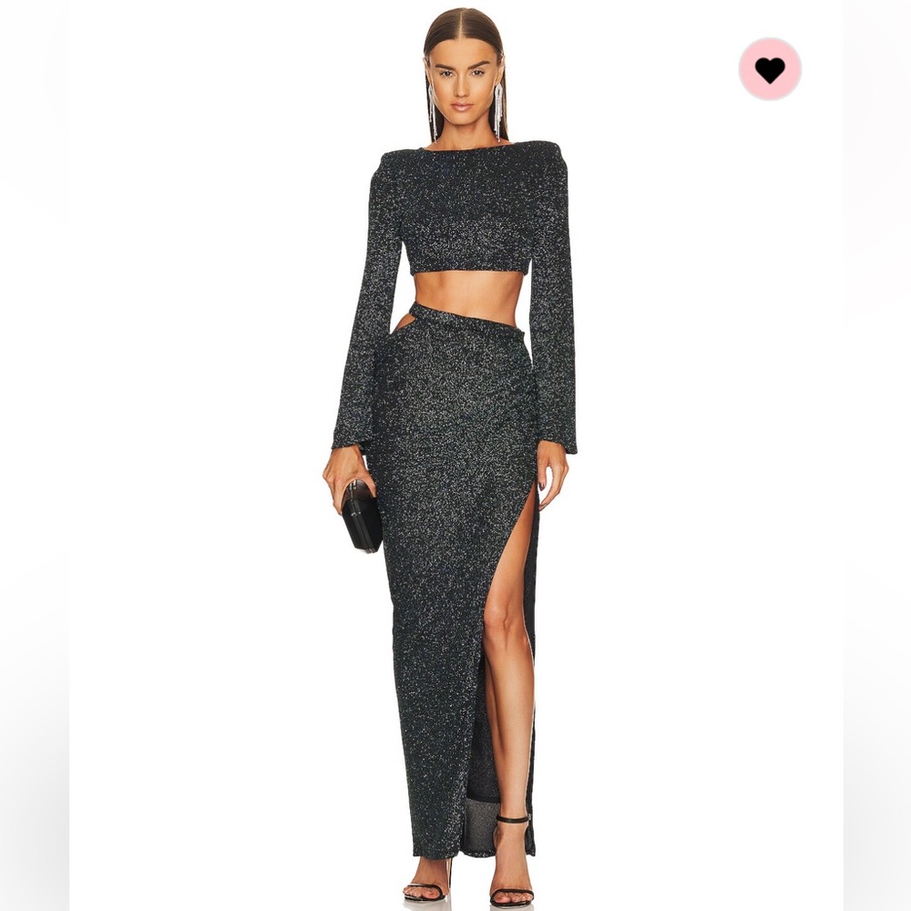 NWT - Michael Costello REVOLVE Aqua Green/Black sparkle Maxi Skirt with Slit